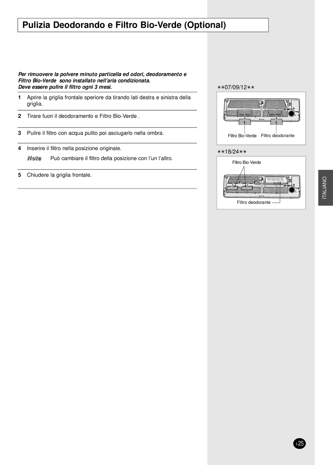 Samsung SH18AP0X, SH07APG, SH09APG Pulizia Deodorando e Filtro Bio-Verde Optional, Deve essere pulire il filtro ogni 3 mesi 