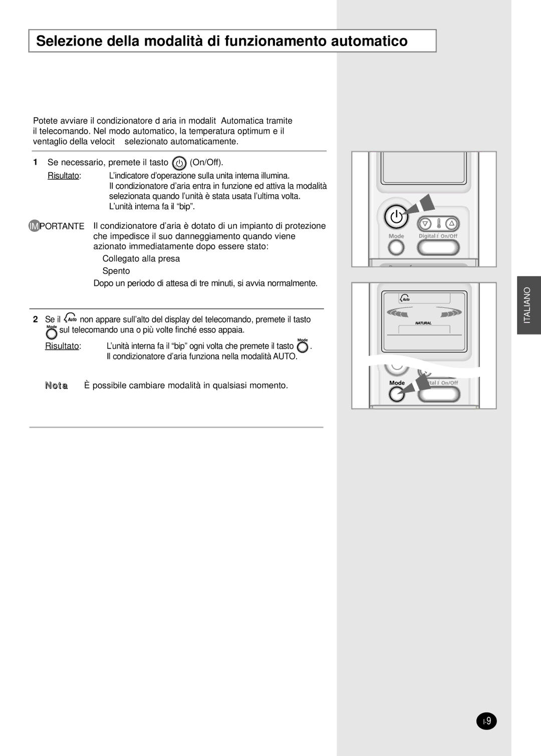 Samsung SH07APG, SH18AP0X, SH12APGX, SH09APGXG, SH24AP6X, SH24AP6G Selezione della modalità di funzionamento automatico 