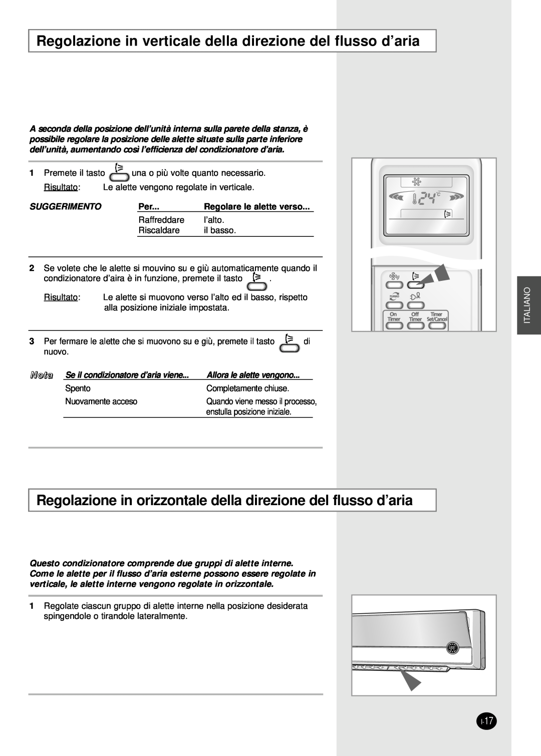 Samsung SH24AP6X, SH07APG, SH18AP0X manual Regolazione in verticale della direzione del flusso d’aria, Suggerimento, Italiano 