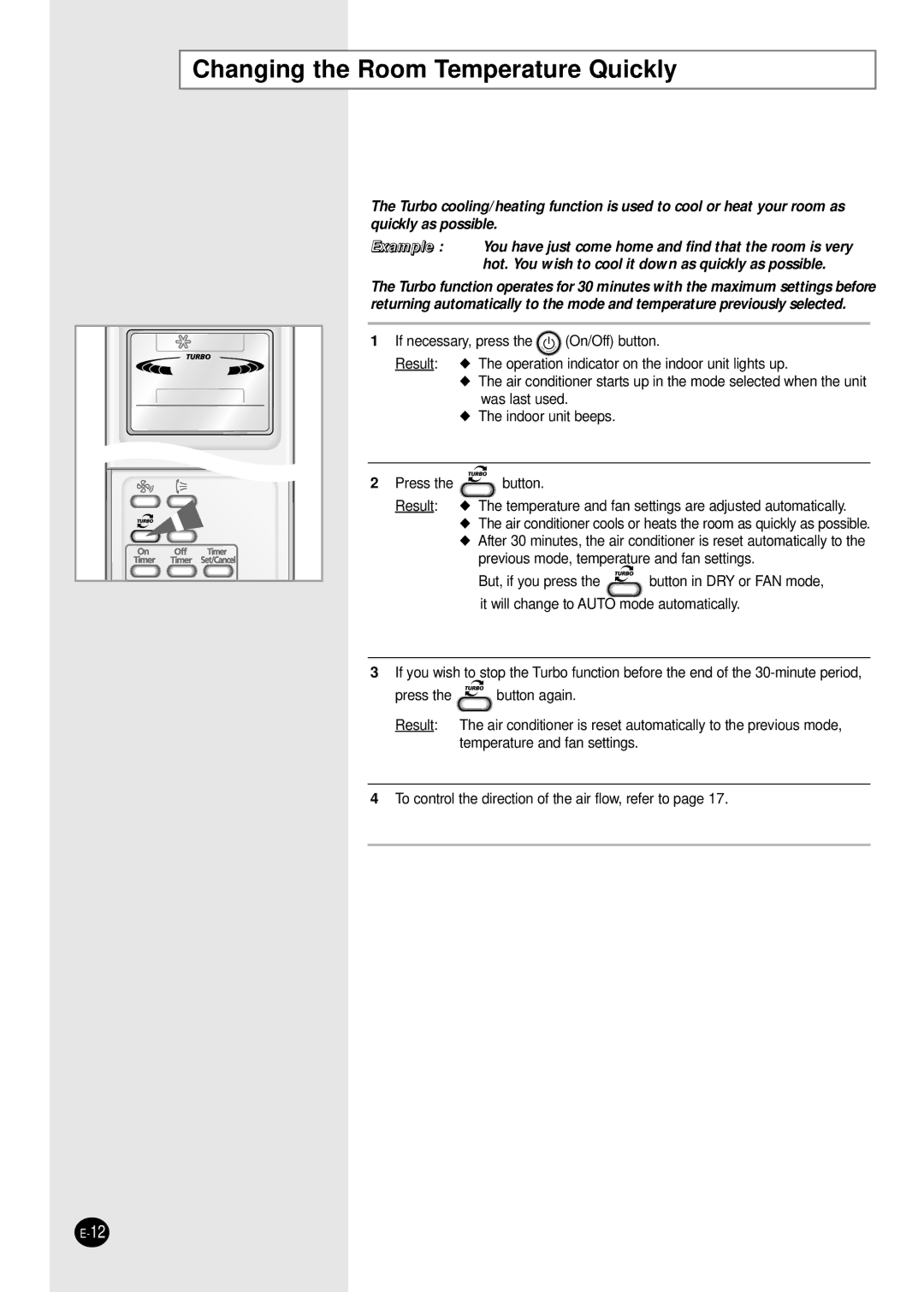 Samsung SH07APG manuel dutilisation Changing the Room Temperature Quickly 