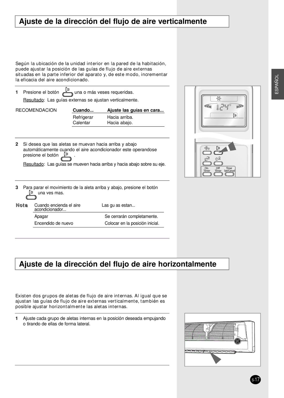 Samsung SH07APGAX manual Ajuste de la dirección del flujo de aire verticalmente 