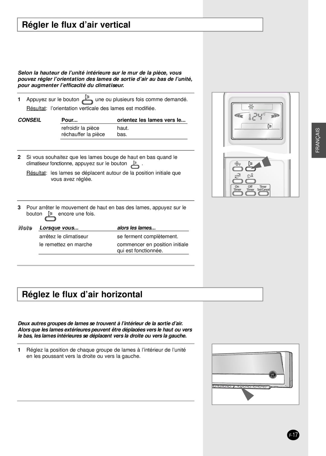 Samsung SH07APGAXG, SH07APGAG manual Régler le flux d’air vertical, Réglez le flux d’air horizontal 