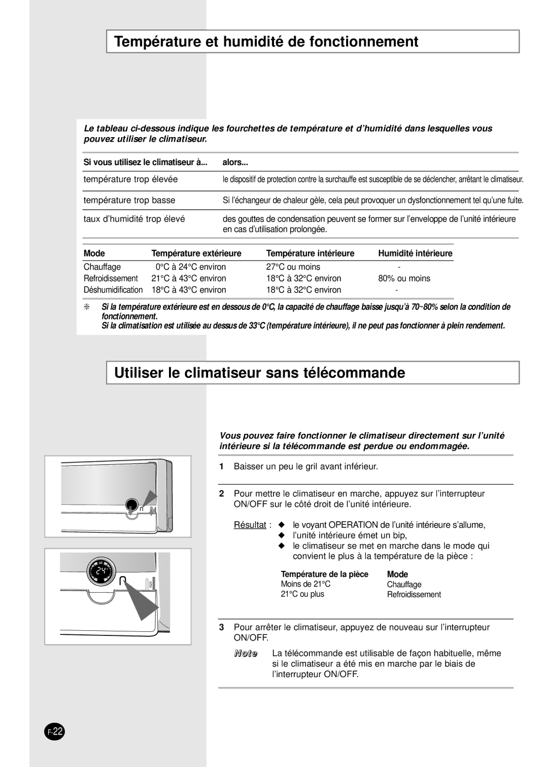 Samsung SH07APGAG, SH07APGAXG manual Température et humidité de fonctionnement, Utiliser le climatiseur sans télécommande 