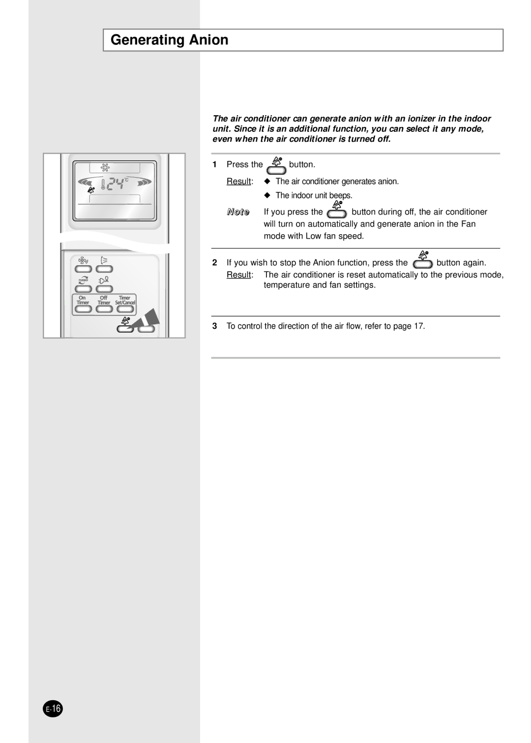 Samsung SH07APGAXG, SH07APGAG manual Generating Anion 