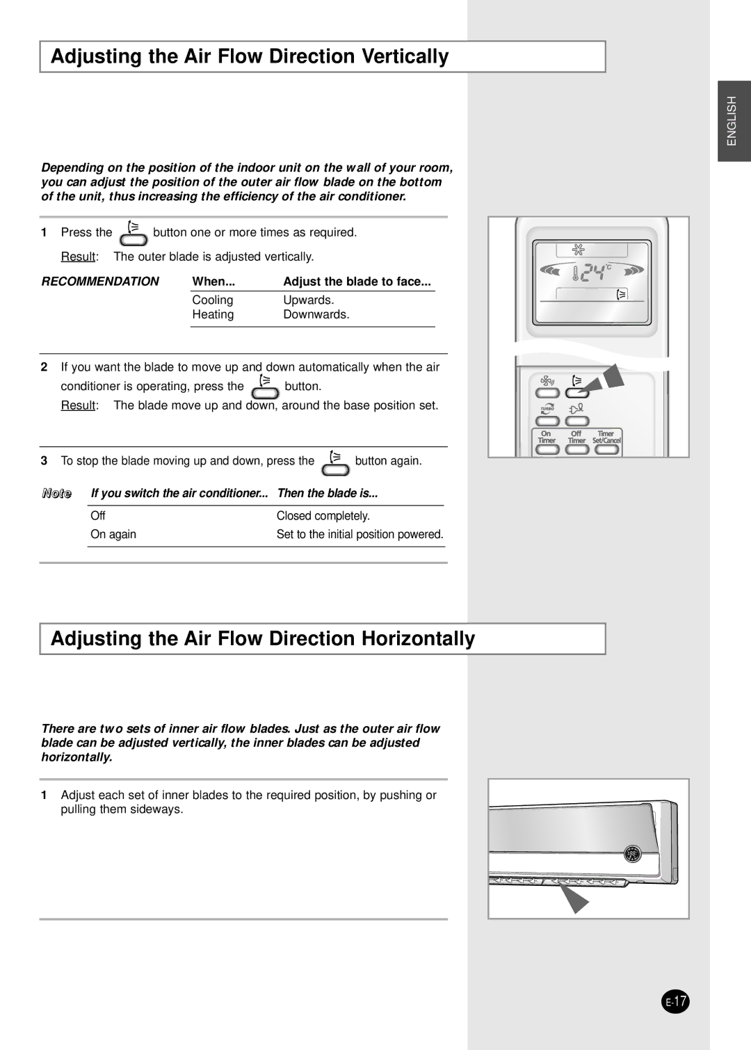 Samsung SH07APGAXG manual Adjusting the Air Flow Direction Vertically, Adjusting the Air Flow Direction Horizontally 