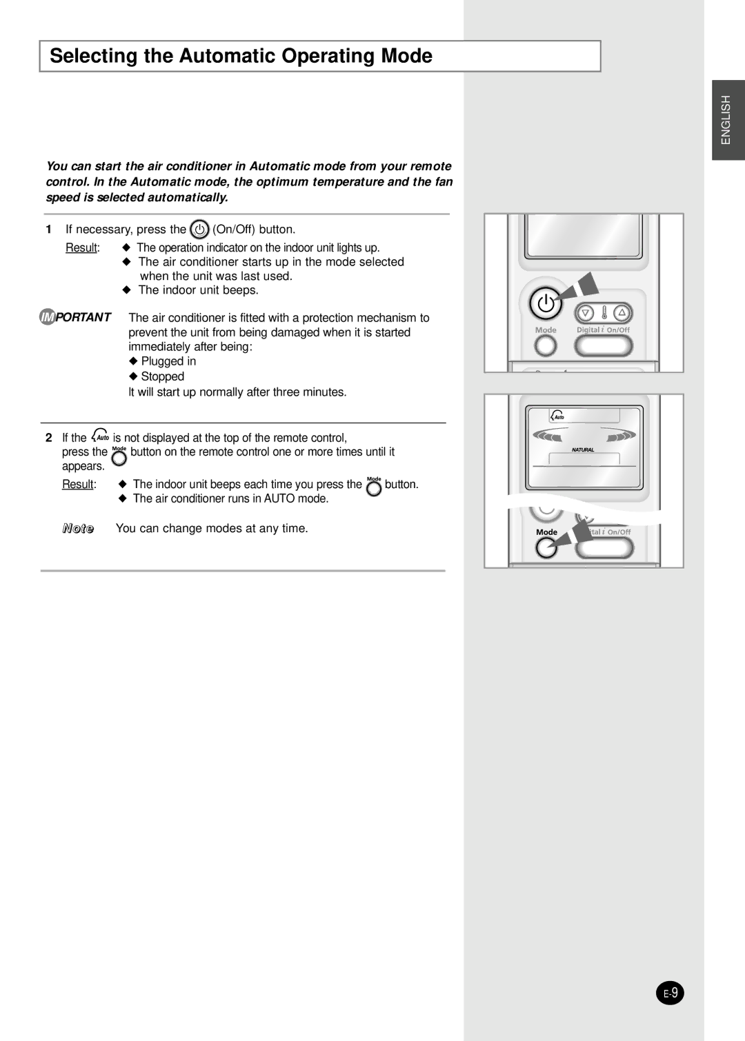 Samsung SH07APGAXG, SH07APGAG manual Selecting the Automatic Operating Mode 