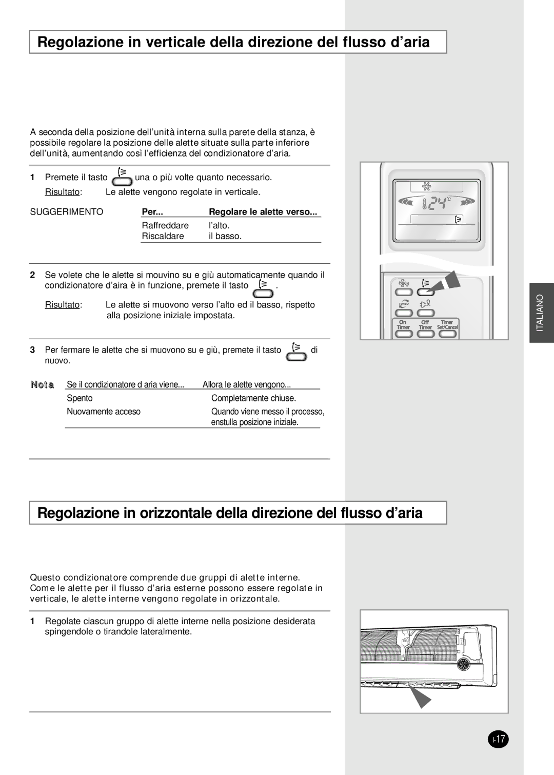 Samsung SH07APGAXG, SH07APGAG manual Regolazione in verticale della direzione del flusso d’aria 