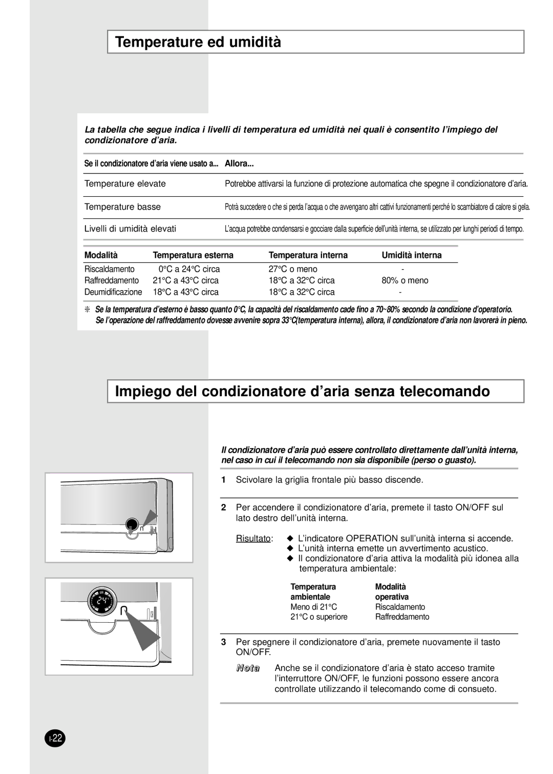 Samsung SH07APGAG, SH07APGAXG manual Temperature ed umidità, Impiego del condizionatore d’aria senza telecomando 