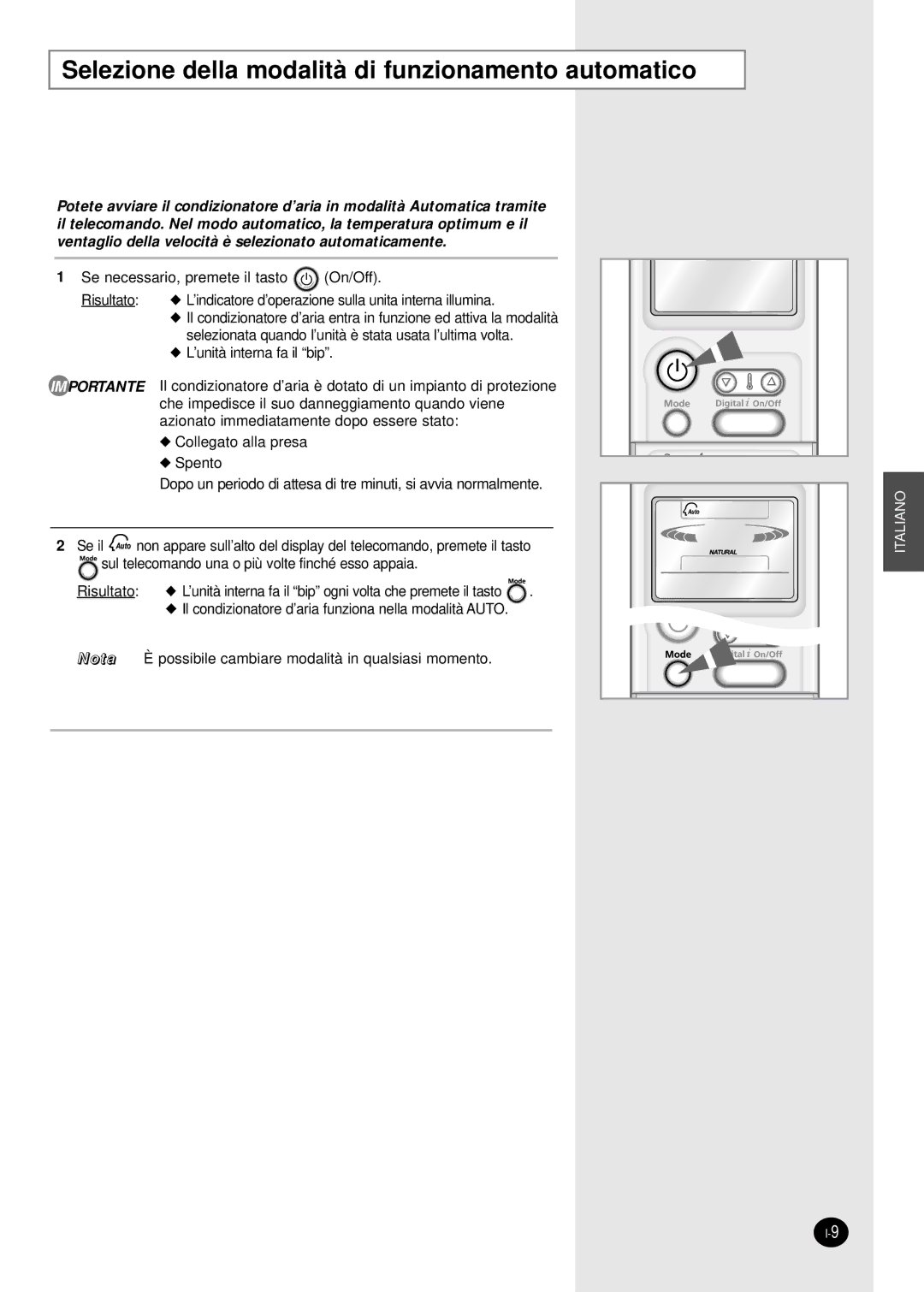 Samsung SH07APGAXG, SH07APGAG manual Selezione della modalità di funzionamento automatico 