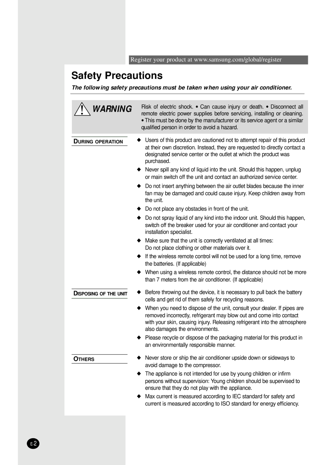 Samsung SH09APGDX, SH07APGDX, SH18AP0DX, SH24AP6DX, SH12APGDX, AQ18P0GED/AFR, SH09ZP2DX/SER, SH07ZP2D/SER Safety Precautions 