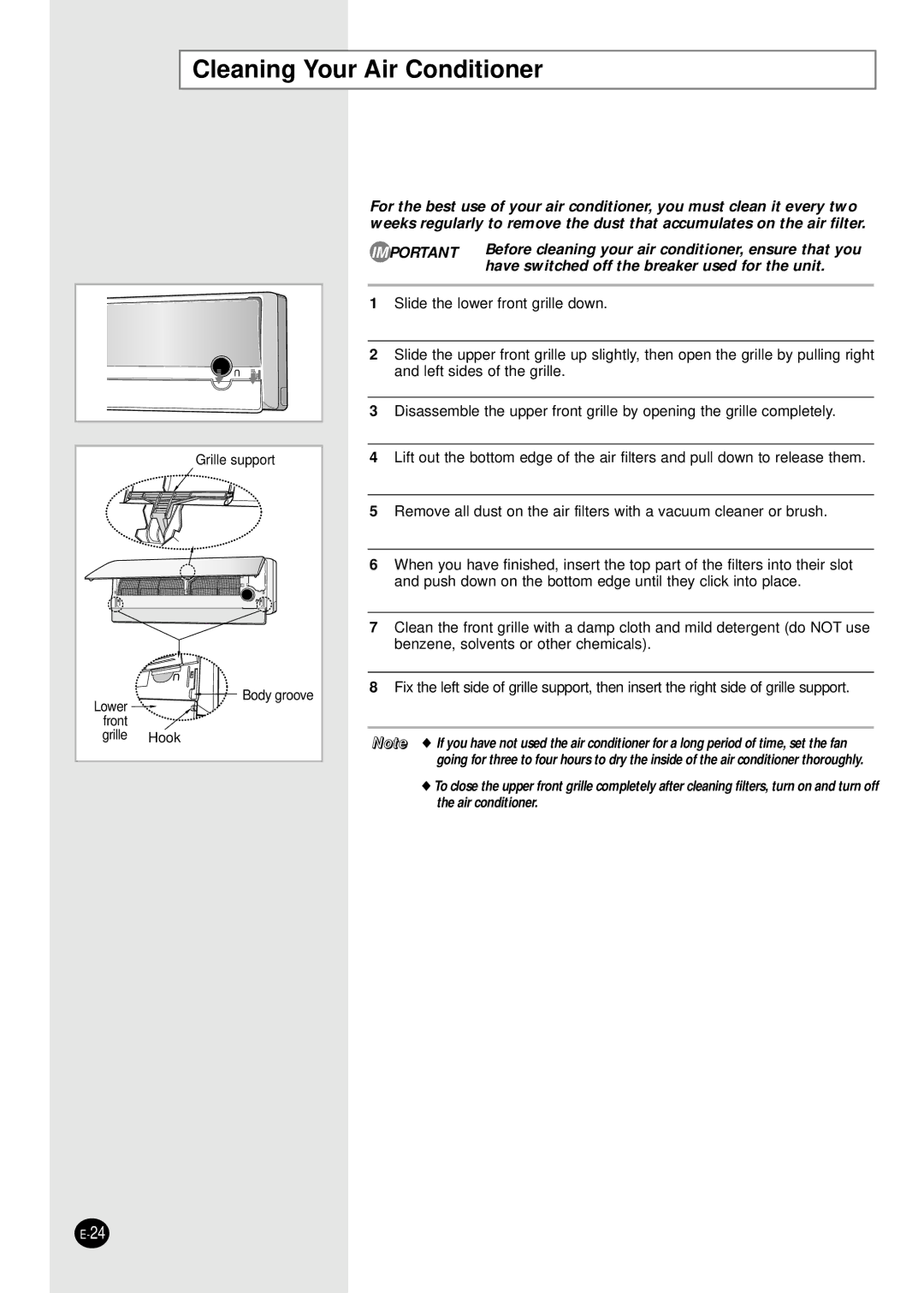 Samsung SH18AP0D/SER, SH07APGDX, SH18AP0DX, SH09APGDX, SH24AP6DX, SH12APGDX, AQ18P0GED/AFR Cleaning Your Air Conditioner 