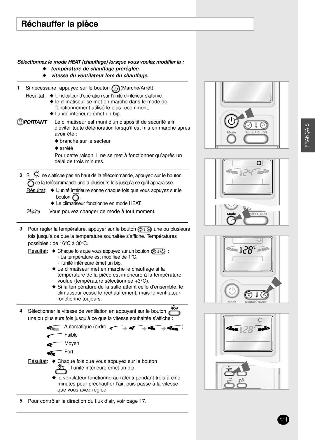 Samsung SH18AP0DX, SH07APGDX, SH09APGDX, SH24AP6DX, SH12APGDX manual Réchauffer la pièce 