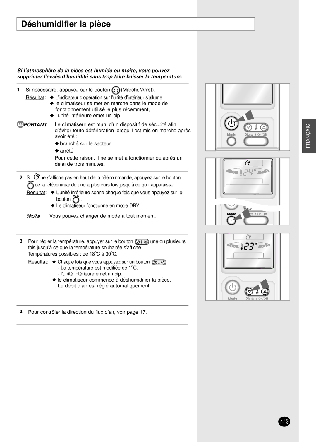 Samsung SH24AP6DX, SH07APGDX, SH18AP0DX, SH09APGDX, SH12APGDX manual Déshumidifier la pièce 