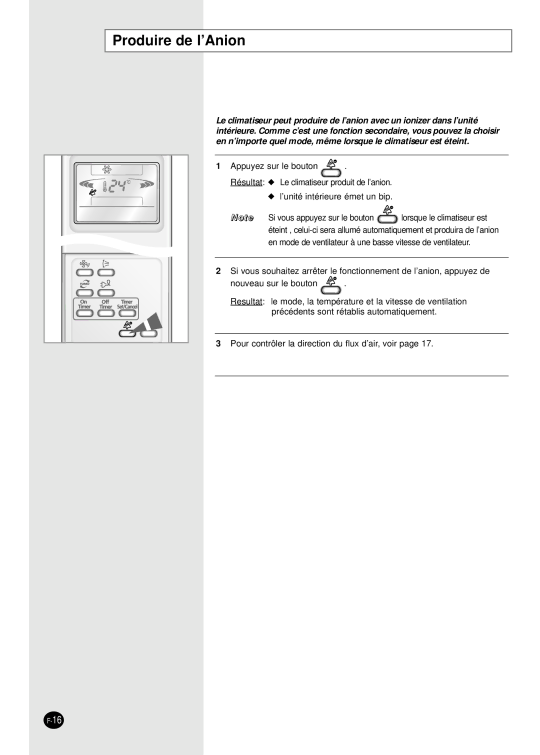 Samsung SH12APGDX, SH07APGDX, SH18AP0DX, SH09APGDX, SH24AP6DX manual Produire de l’Anion 