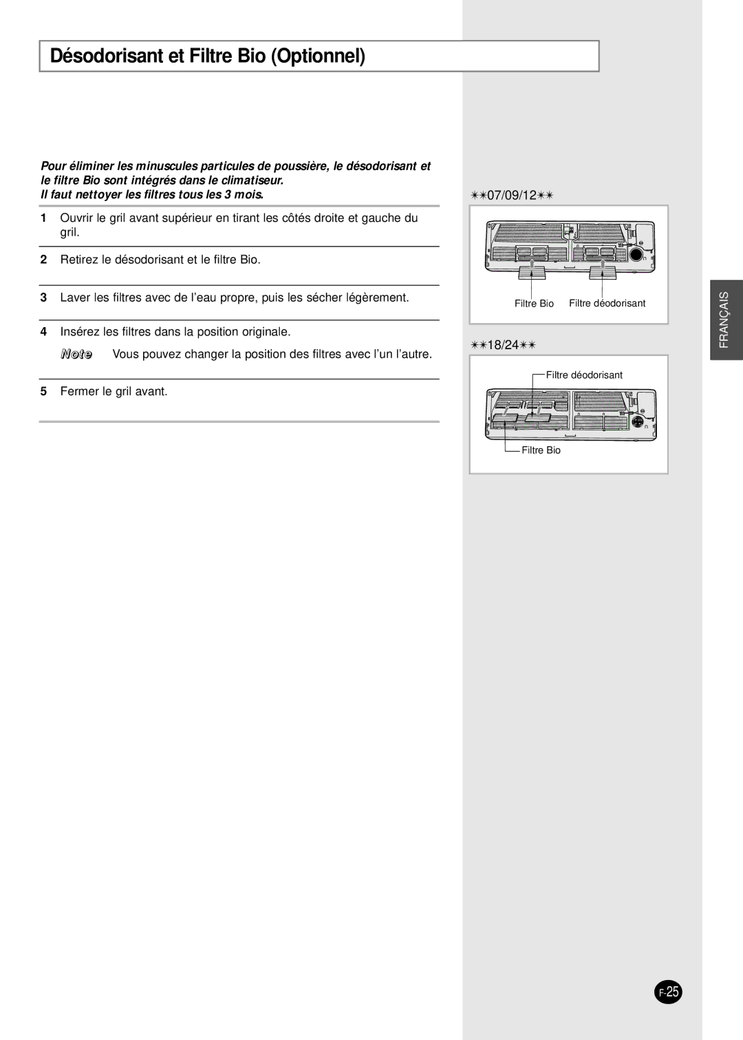 Samsung SH07APGDX, SH18AP0DX, SH09APGDX, SH24AP6DX, SH12APGDX manual Désodorisant et Filtre Bio Optionnel 