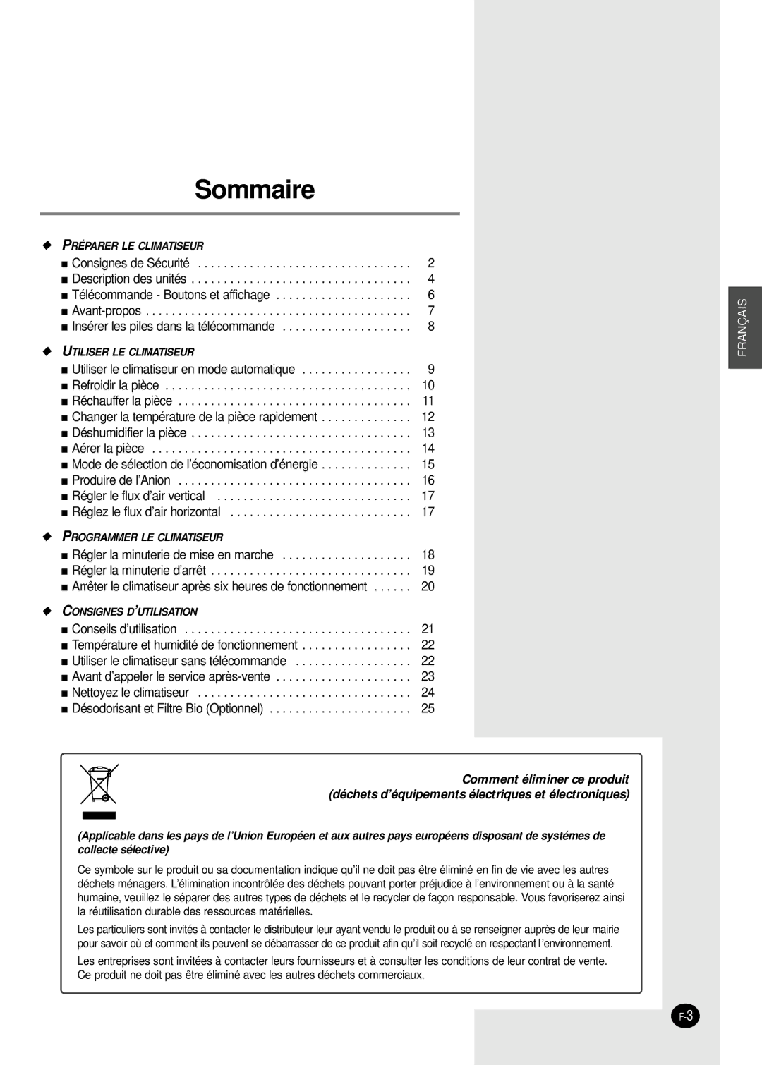 Samsung SH24AP6DX, SH07APGDX, SH18AP0DX, SH09APGDX, SH12APGDX manual Sommaire 