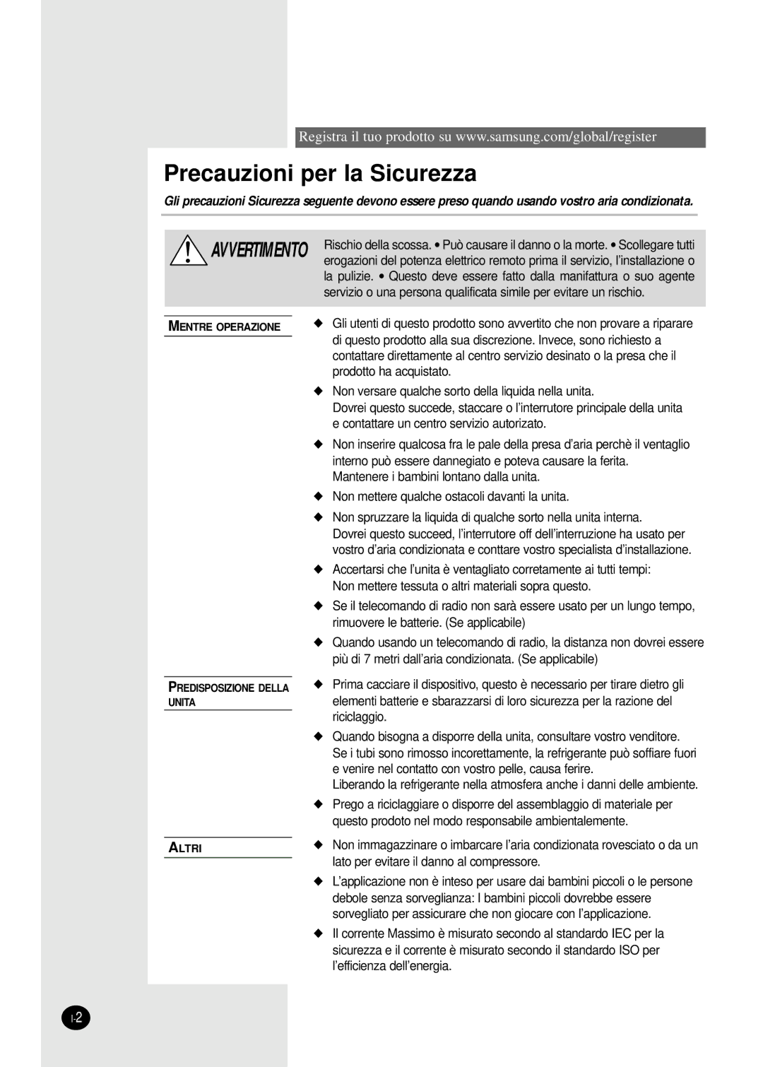 Samsung SH09APGDX, SH07APGDX, SH18AP0DX, SH24AP6DX, SH12APGDX manual Precauzioni per la Sicurezza 