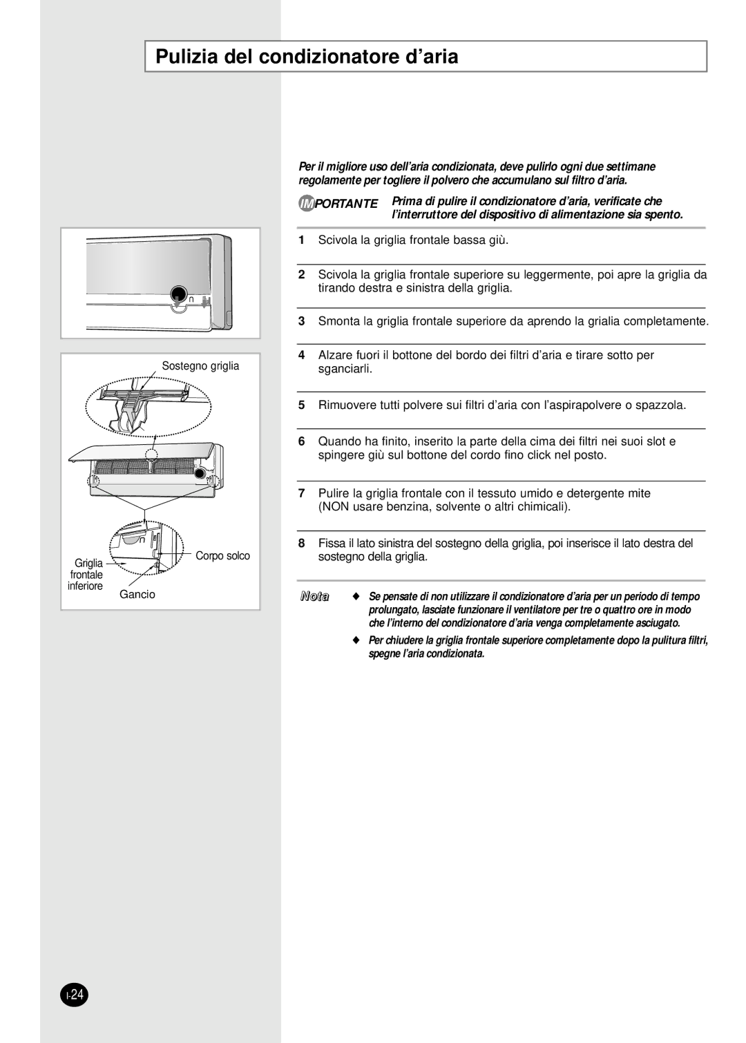 Samsung SH07APGDX, SH18AP0DX, SH09APGDX, SH24AP6DX manual Pulizia del condizionatore d’aria, Sostegno griglia Corpo solco 