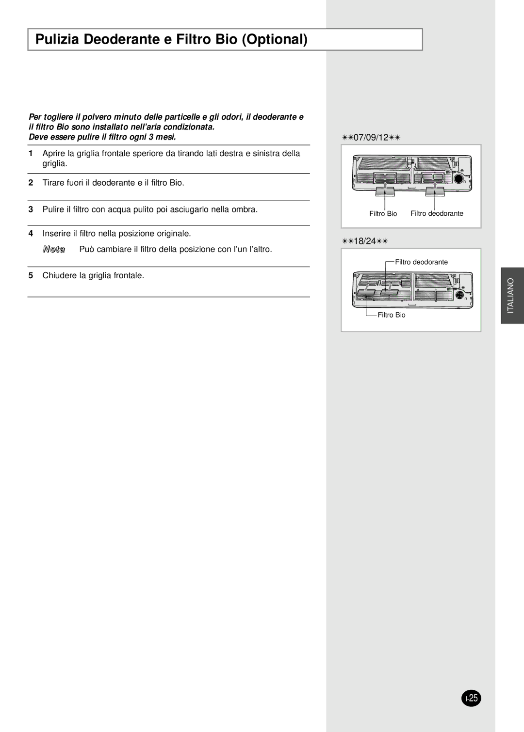 Samsung SH07APGDX, SH18AP0DX, SH09APGDX, SH24AP6DX, SH12APGDX manual Pulizia Deoderante e Filtro Bio Optional 