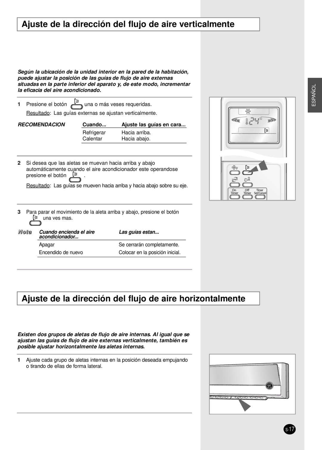 Samsung SH07APGDX, SH18AP0DX, SH09APGDX, SH24AP6DX, SH12APGD manual Ajuste de la dirección del flujo de aire verticalmente 