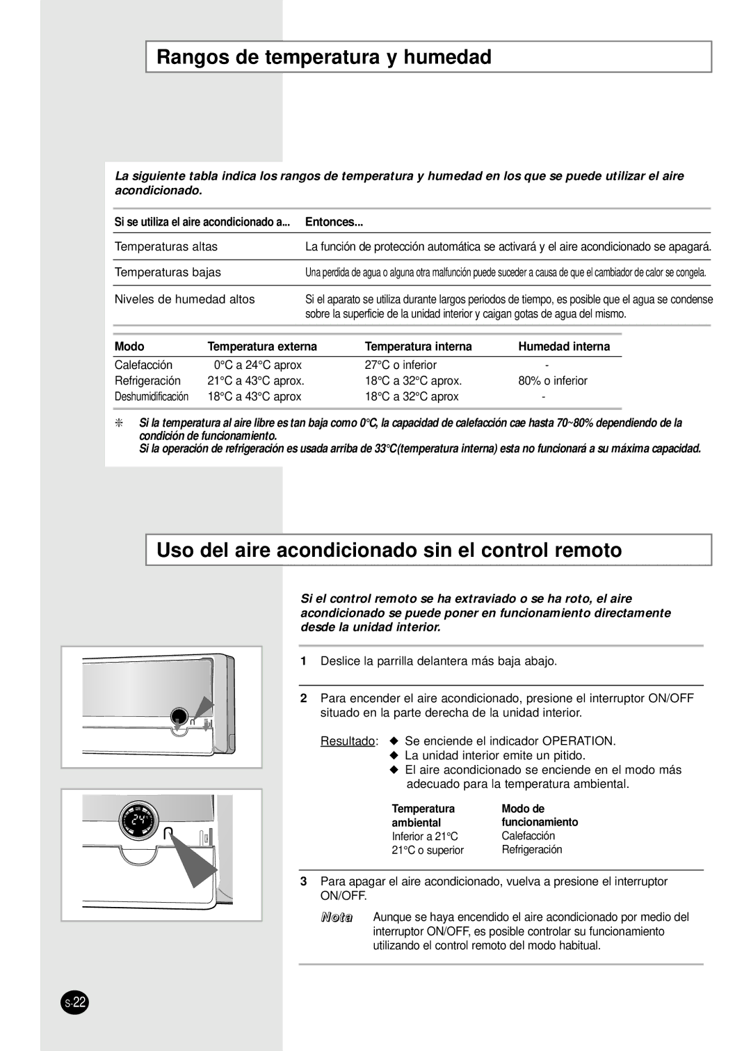 Samsung SH09APGDX, SH07APGDX, SH18AP0DX Rangos de temperatura y humedad, Uso del aire acondicionado sin el control remoto 