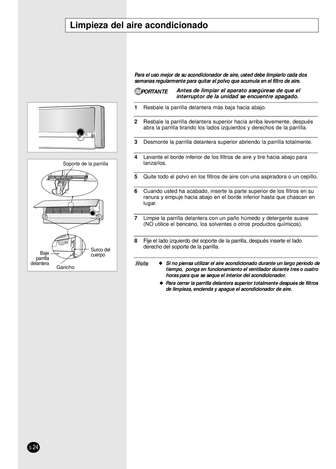 Samsung SH24AP6D, SH07APGDX manual Limpieza del aire acondicionado, Horas para que se seque el interior del acondicionador 