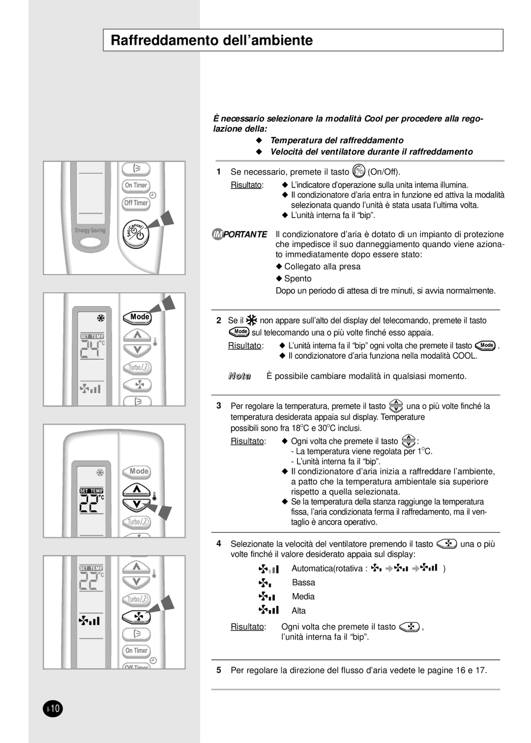 Samsung SH07AS2AX, SH09AS2 manual Raffreddamento dell’ambiente 