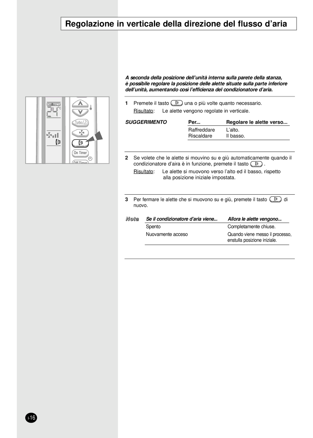 Samsung SH07AS2AX, SH09AS2 manual Regolazione in verticale della direzione del flusso d’aria, Suggerimento 