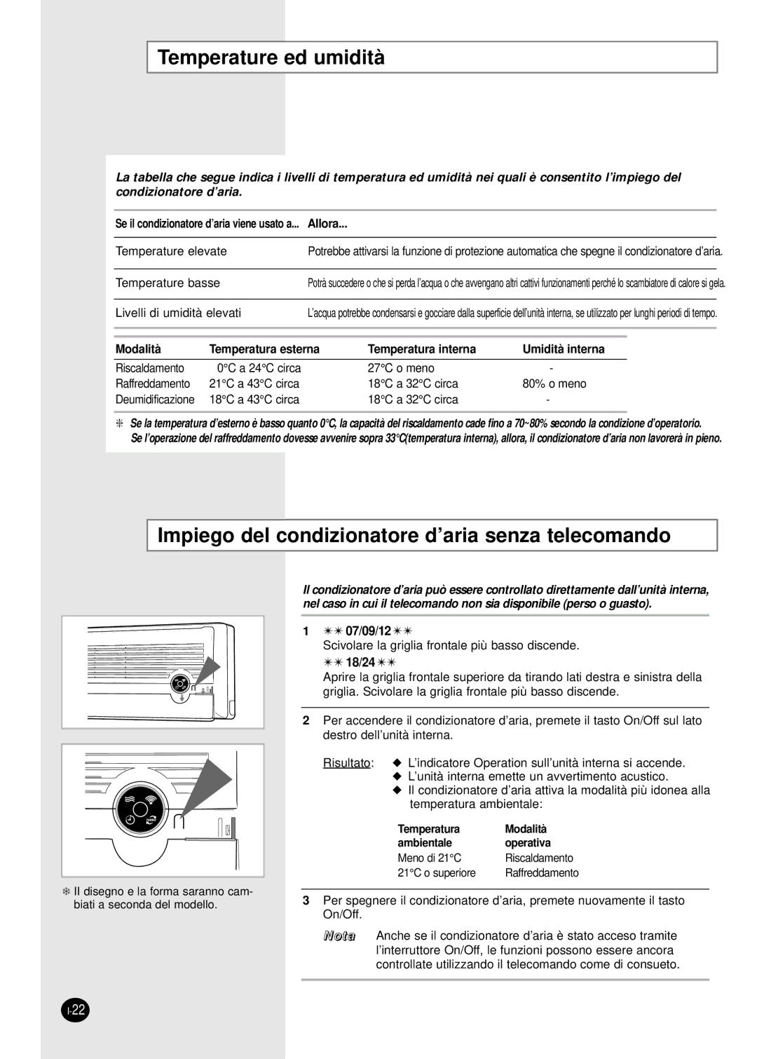 Samsung SH07AS2AX, SH09AS2 manual Temperature ed umidità, Impiego del condizionatore d’aria senza telecomando 