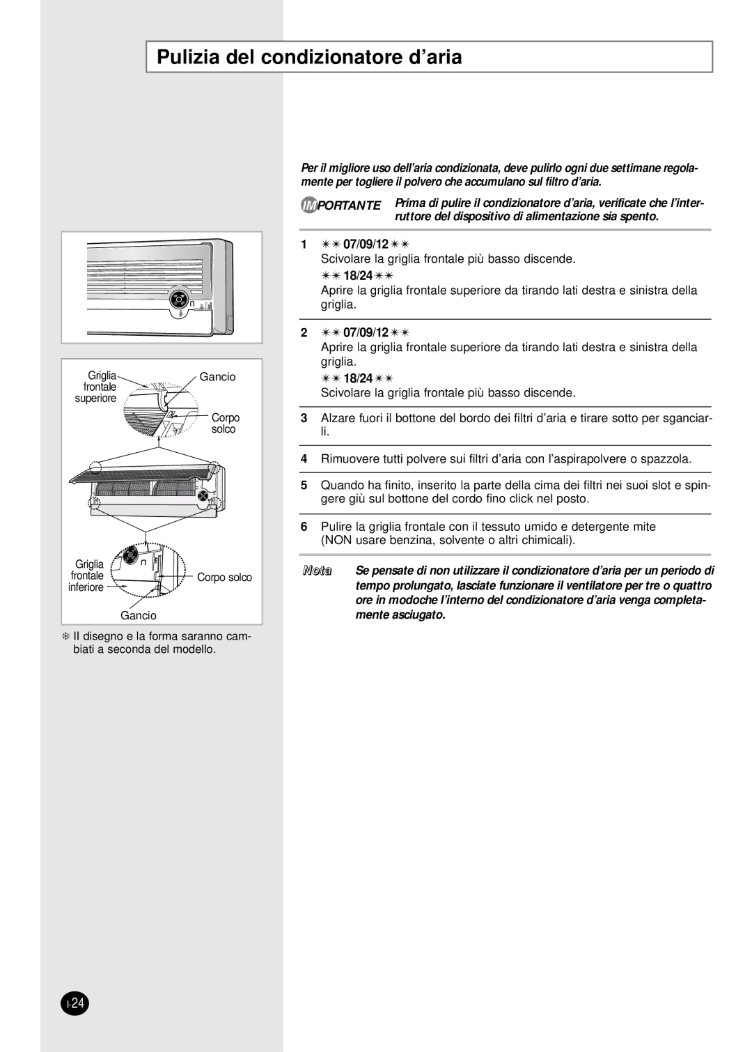 Samsung SH07AS2AX, SH09AS2 manual Pulizia del condizionatore d’aria 