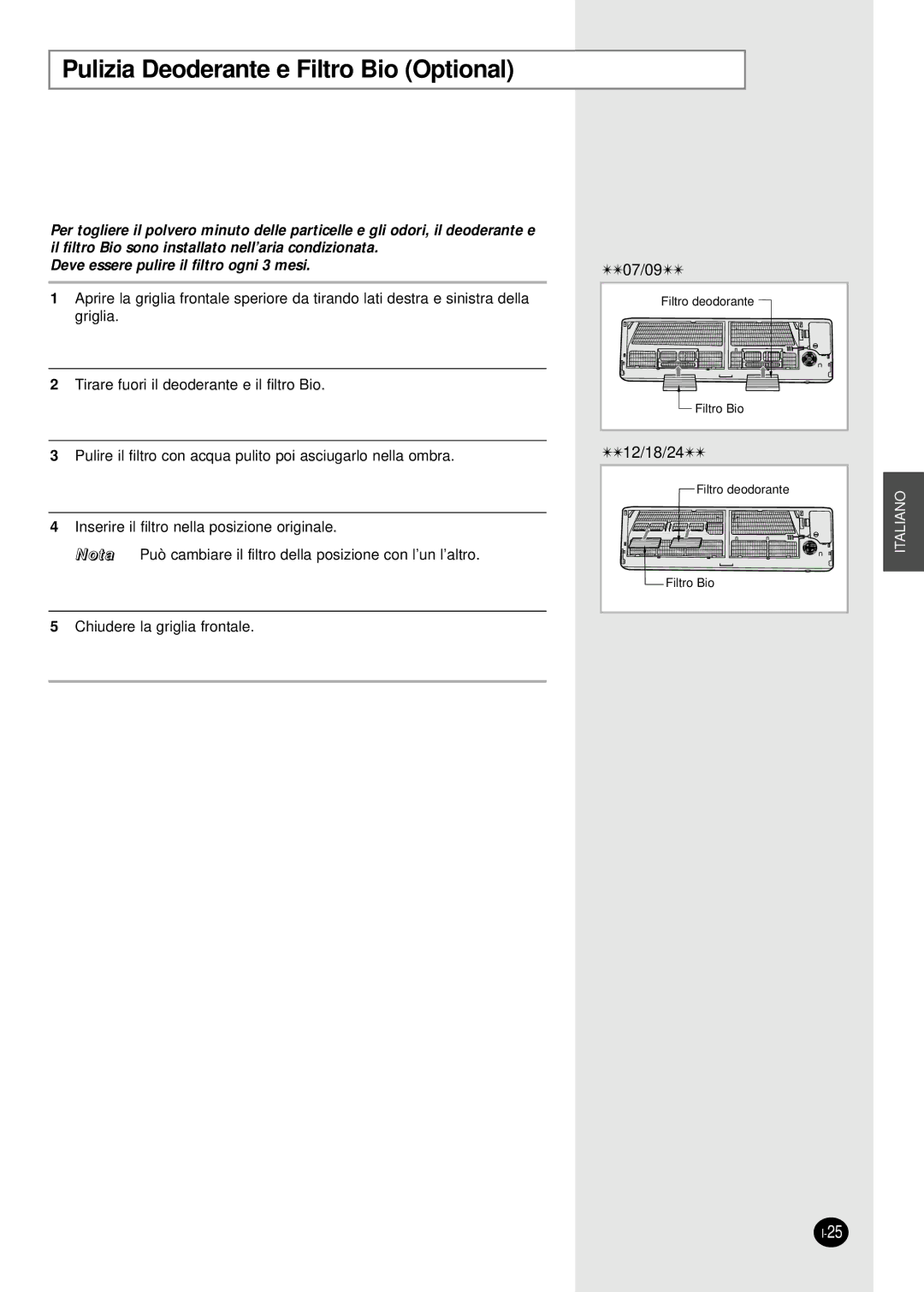 Samsung SH07AS2AX, SH09AS2 manual Pulizia Deoderante e Filtro Bio Optional 