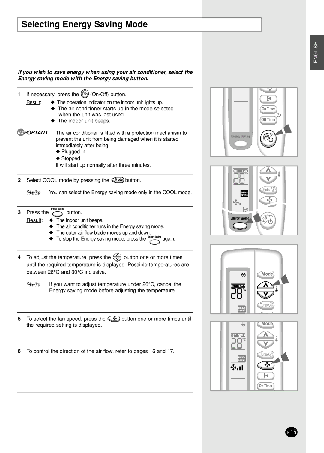 Samsung SH07AS2AX, SH09AS2G manual Selecting Energy Saving Mode 