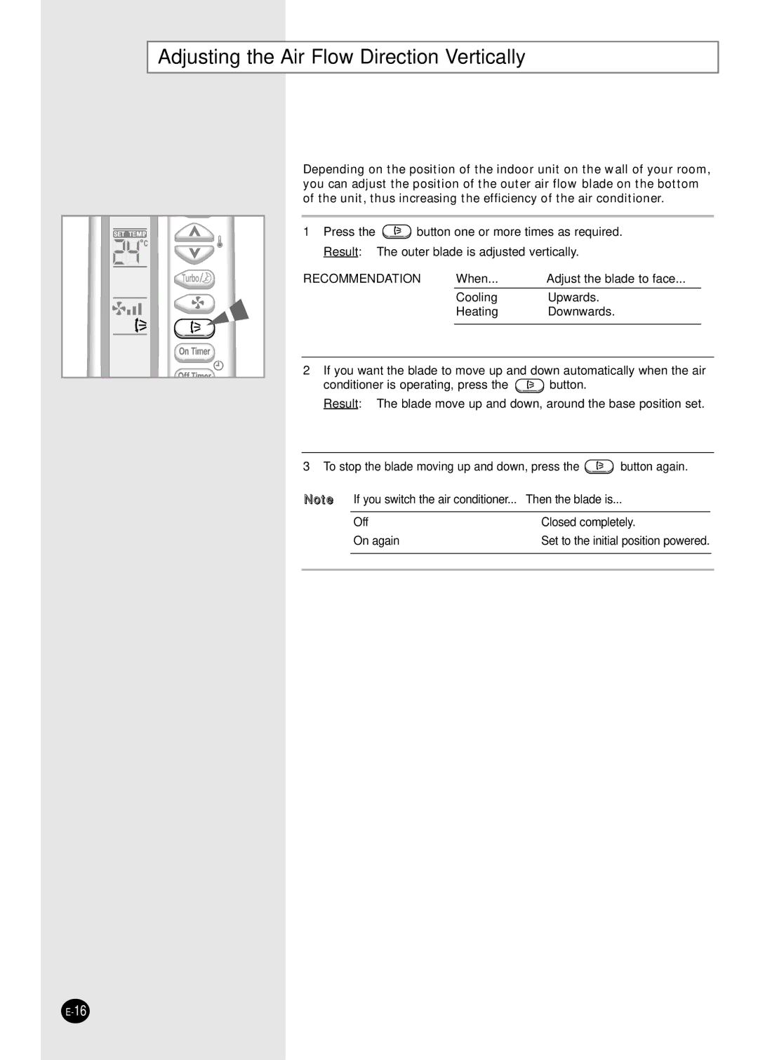 Samsung SH07AS2AX, SH09AS2G manual Adjusting the Air Flow Direction Vertically, Recommendation 