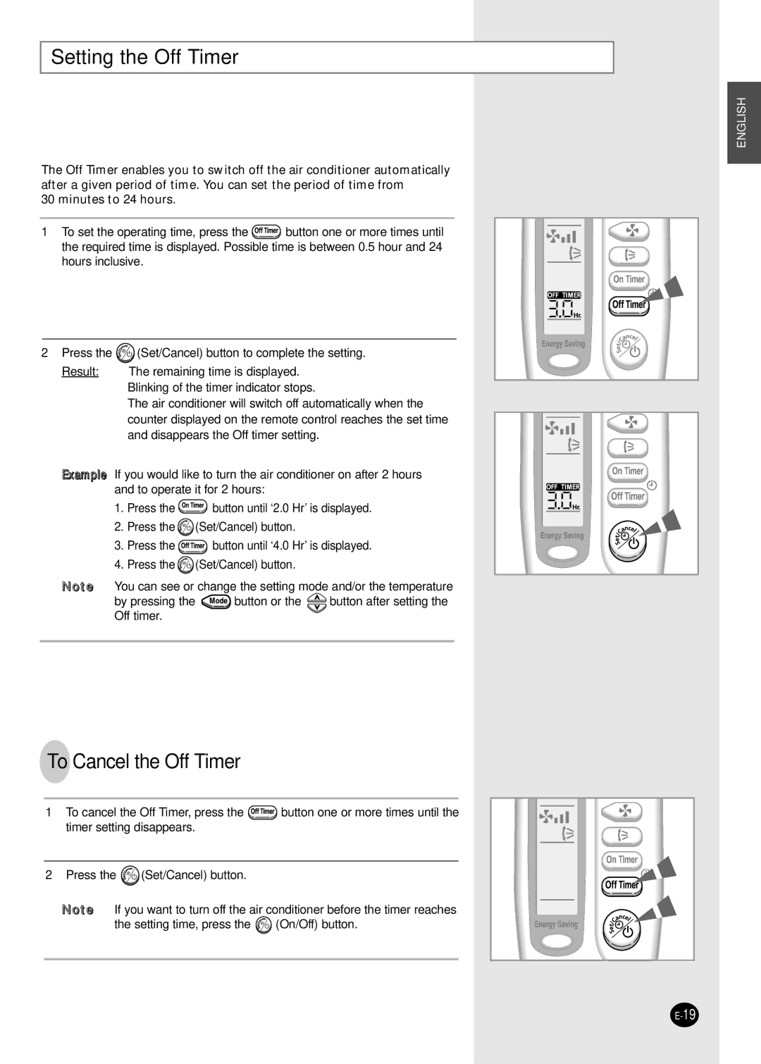 Samsung SH07AS2AX, SH09AS2G manual Setting the Off Timer, To Cancel the Off Timer 