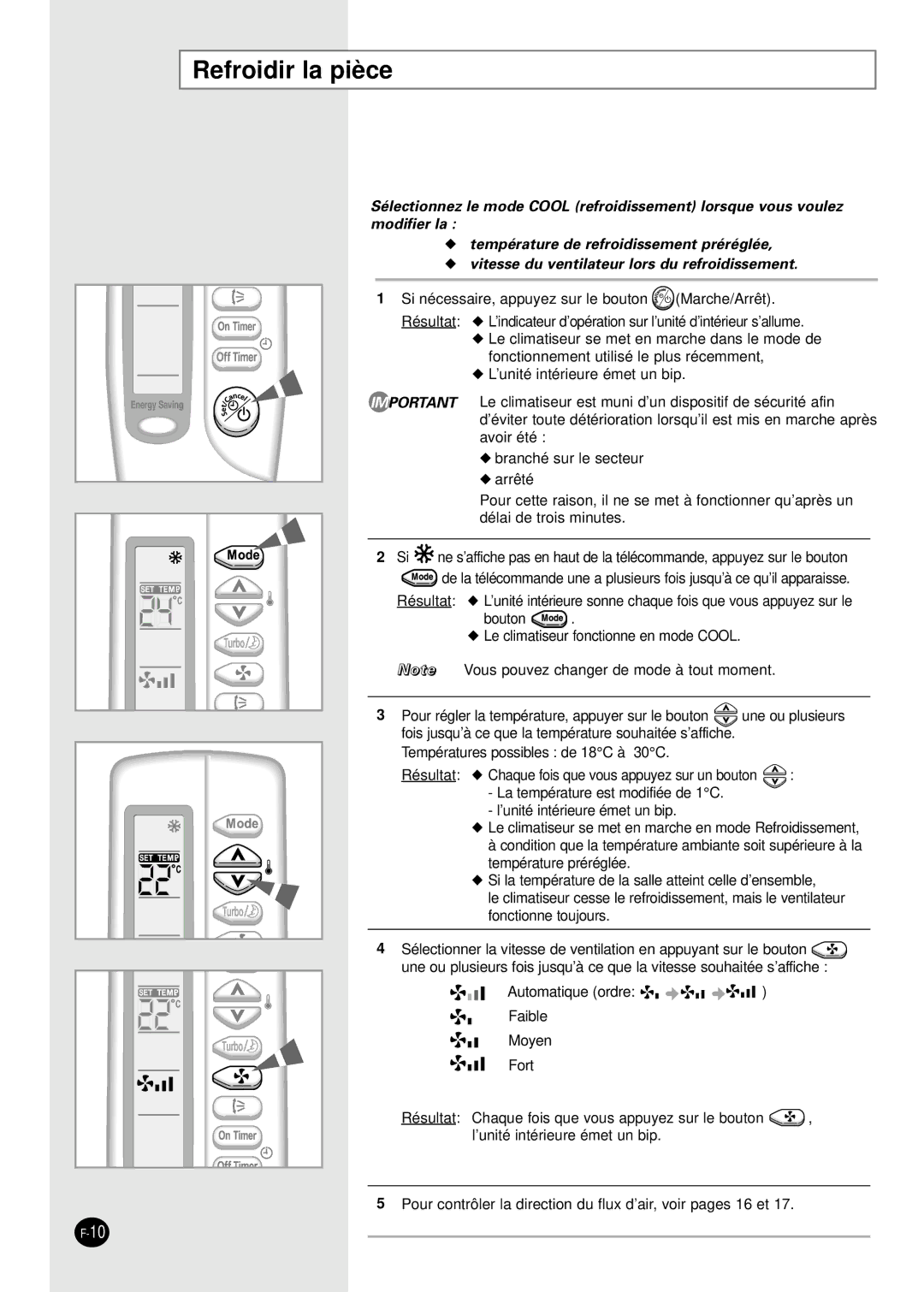 Samsung SH07AWHX manual Refroidir la pièce 