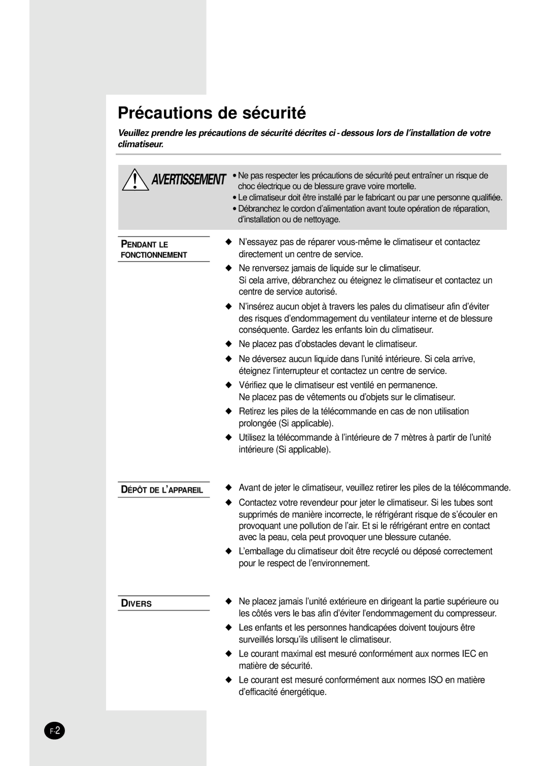 Samsung SH07AWHX manual Précautions de sécurité 