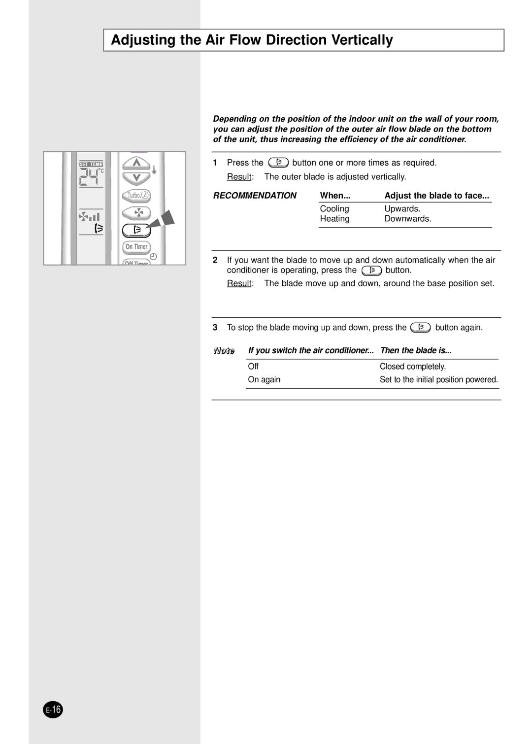 Samsung SH07AWHX manual Adjusting the Air Flow Direction Vertically, Recommendation 