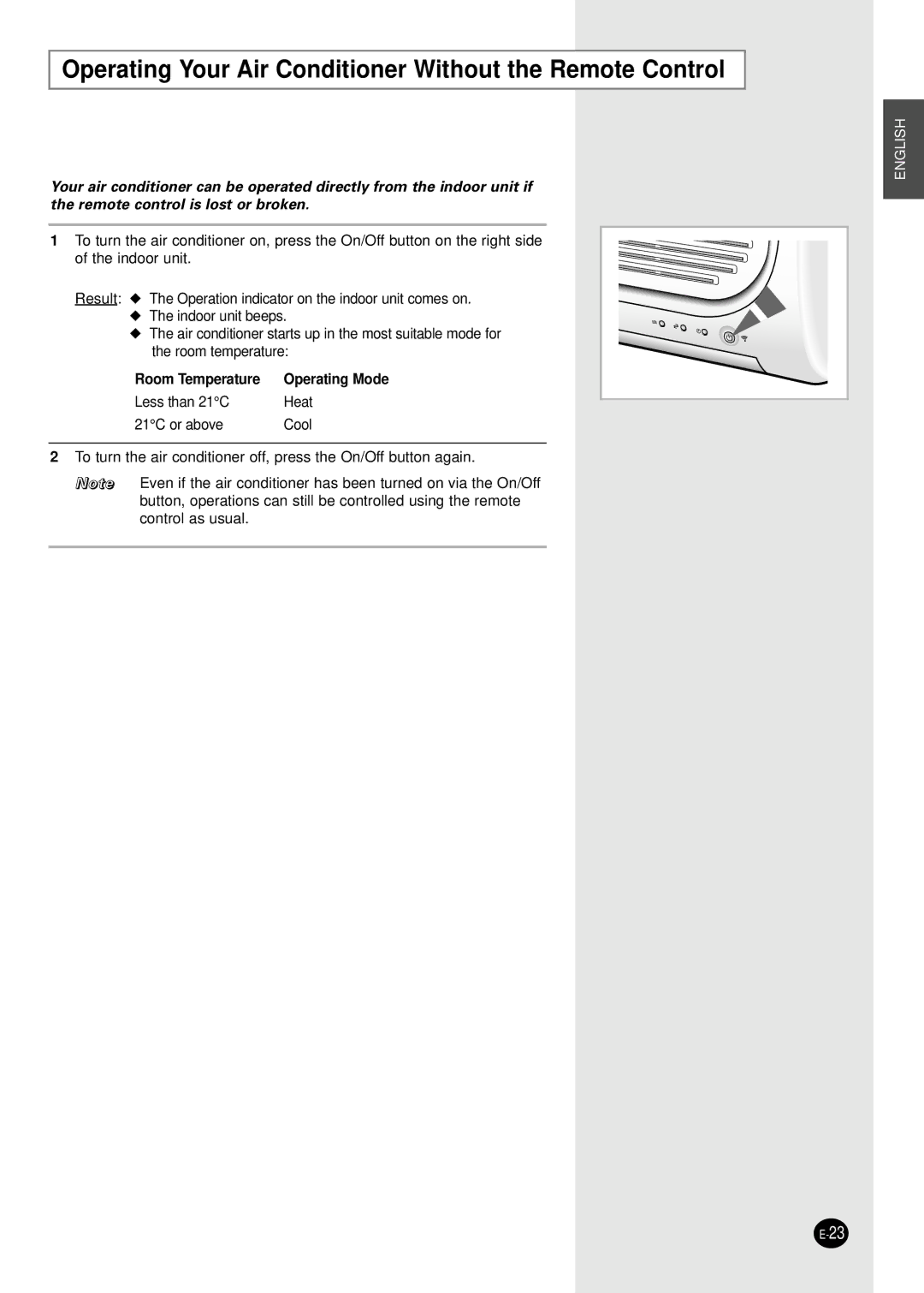 Samsung SH07AWHX manual Operating Your Air Conditioner Without the Remote Control, Room Temperature 