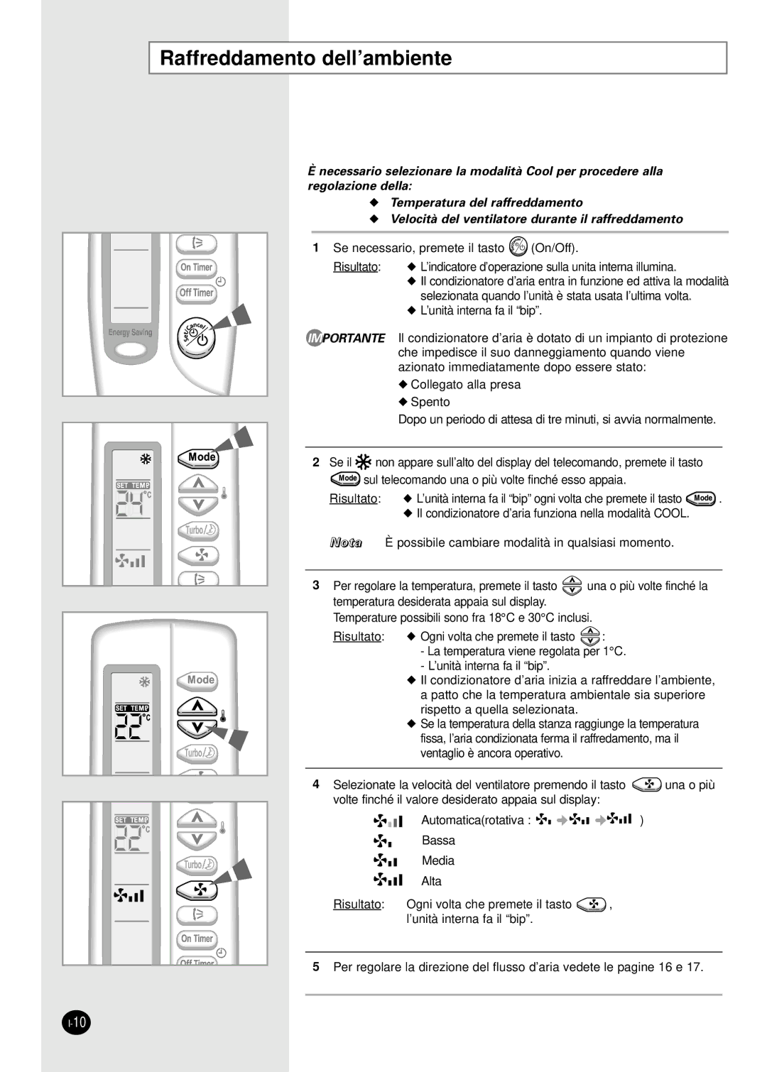 Samsung SH07AWHX manual Raffreddamento dell’ambiente 