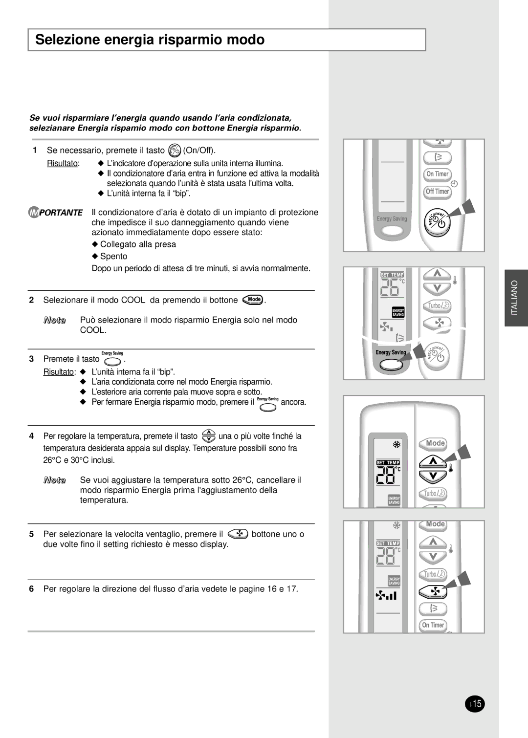 Samsung SH07AWHX manual Selezione energia risparmio modo 