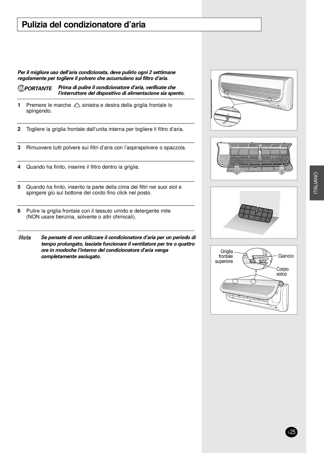 Samsung SH07AWHX manual Pulizia del condizionatore d’aria 