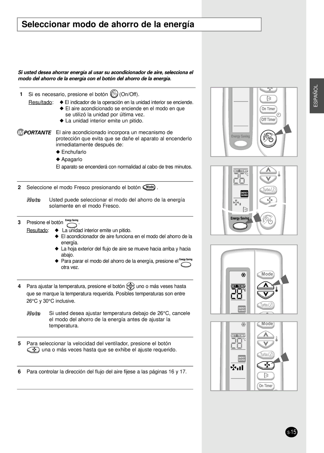 Samsung SH07AWHX manual Seleccionar modo de ahorro de la energía 