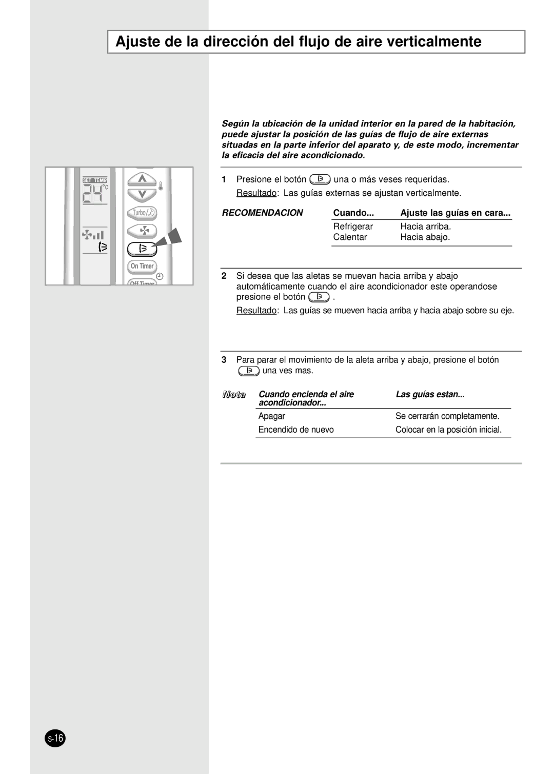 Samsung SH07AWHX manual Ajuste de la dirección del flujo de aire verticalmente, Recomendacion 