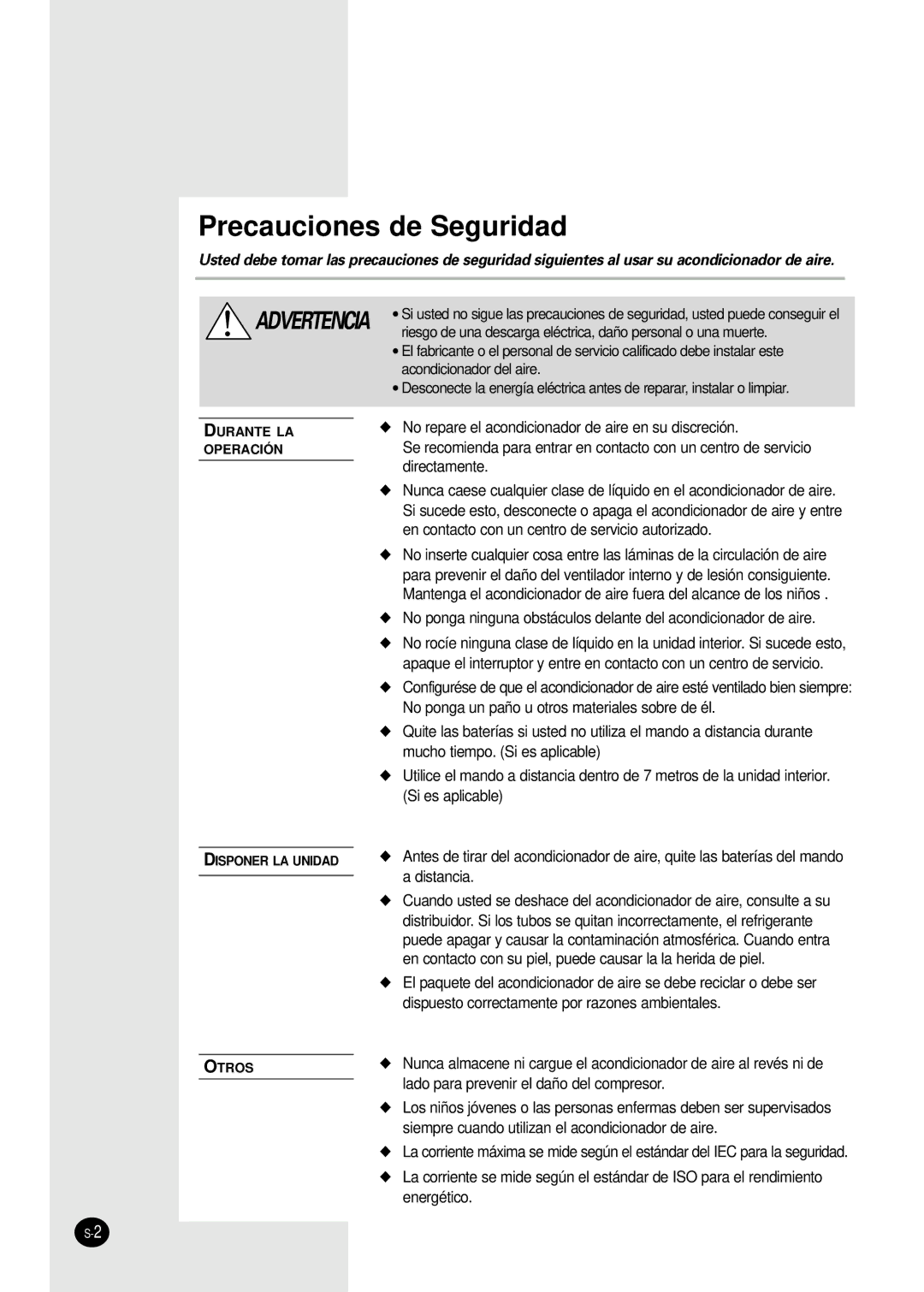 Samsung SH07AWHX manual Precauciones de Seguridad 