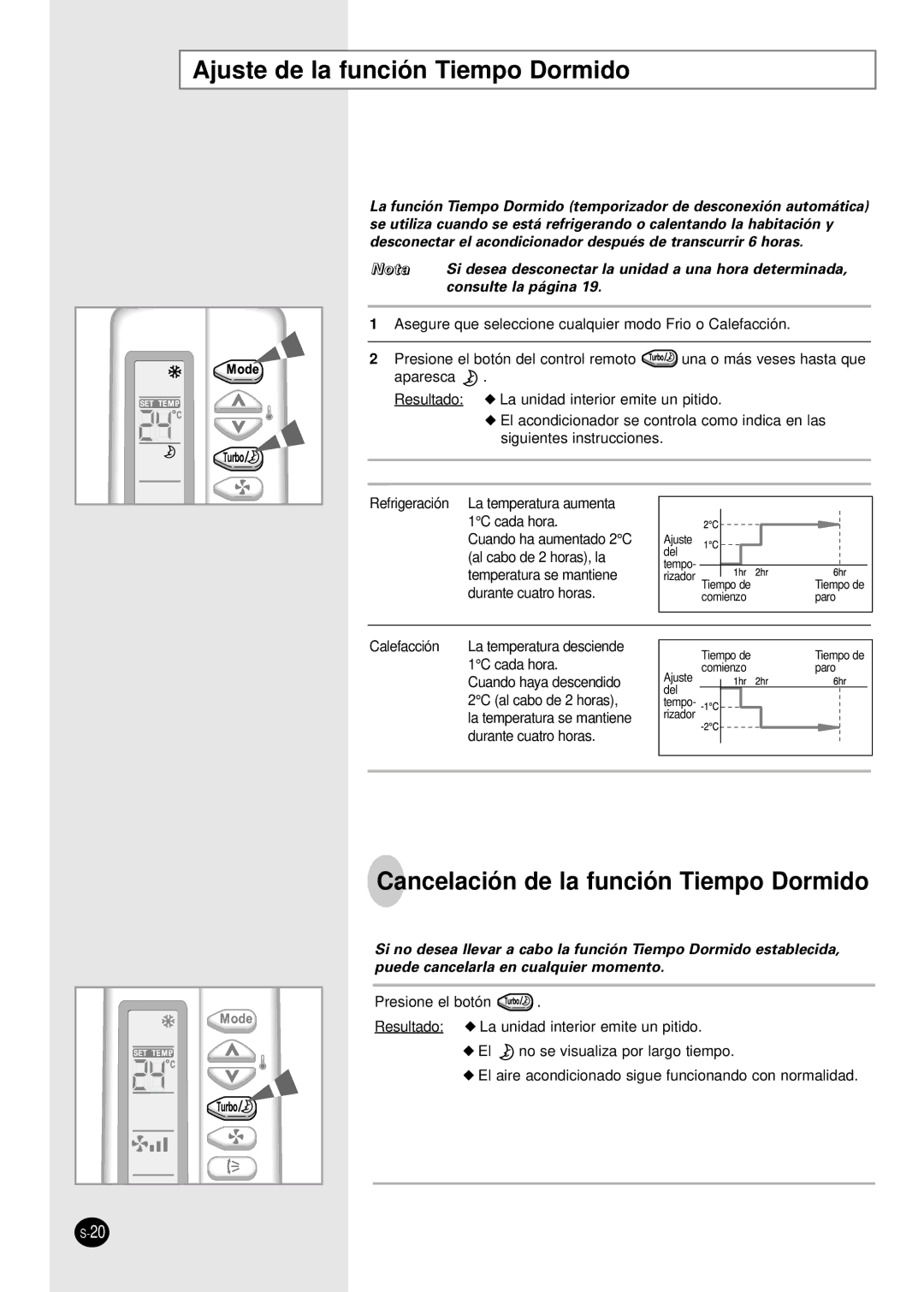 Samsung SH07AWHX manual Ajuste de la función Tiempo Dormido, Cancelación de la función Tiempo Dormido 