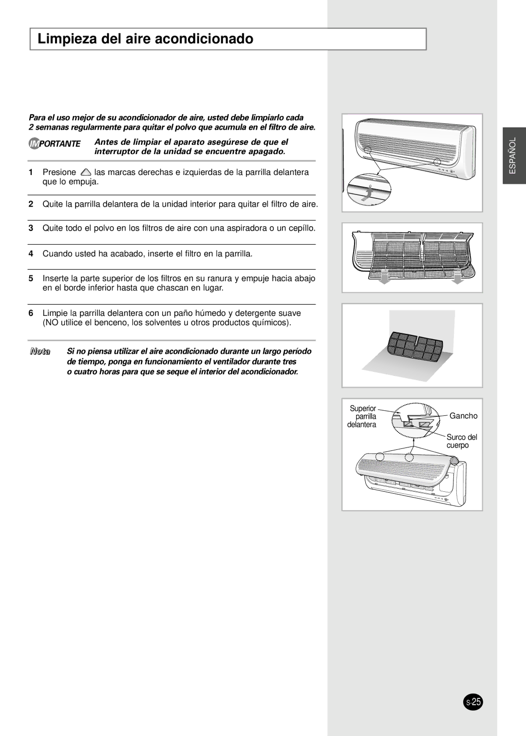 Samsung SH07AWHX manual Limpieza del aire acondicionado 