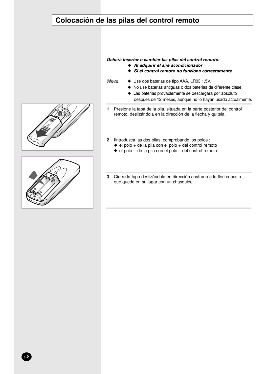 Samsung SH07AWHX manual Colocación de las pilas del control remoto 