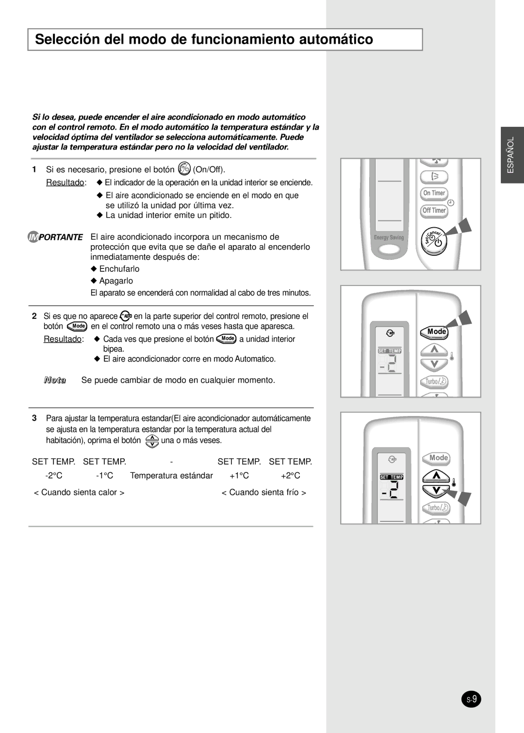 Samsung SH07AWHX manual Selección del modo de funcionamiento automático 