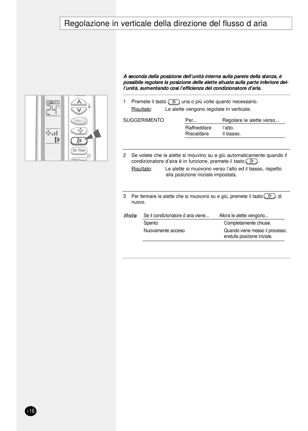 Samsung SH07ZS8X, SH09ZS8X, SH12ZSGX manual Regolazione in verticale della direzione del flusso d’aria, Suggerimento 