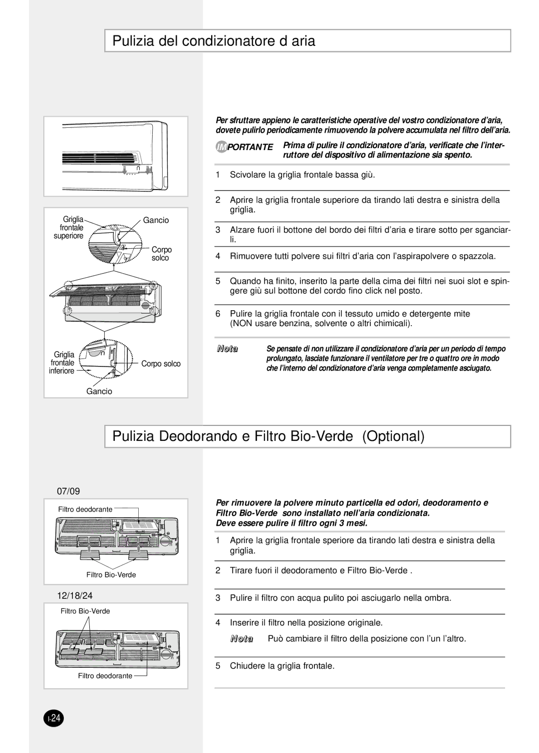 Samsung SH07ZS8X, SH12ZSG, SH09ZS8X manual Pulizia del condizionatore d’aria, Pulizia Deodorando e Filtro Bio-Verde Optional 